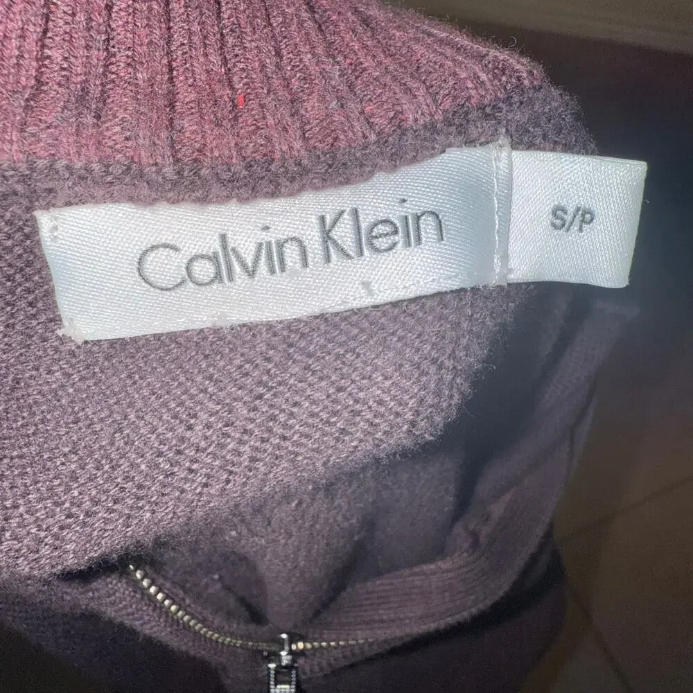 Calvin Klein Mens 1/4 Zip Knit Mock Neck Colorblock Sweater Burgundy Size Small